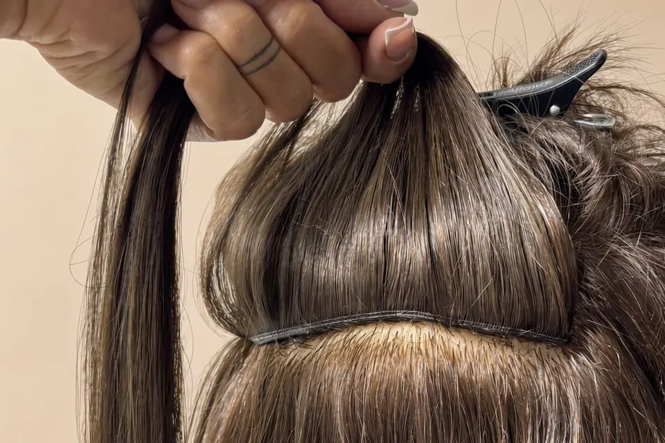 Eine Haarsträhne wird über die eingearbeitete Weft gelegt, das Band liegt flach am Kopf