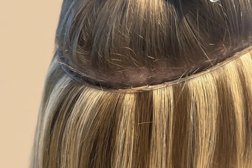 Eingearbeitete Butterfly Weft am Ansatz, das flache Band liegt unter dem hochgesteckten Deckhaar